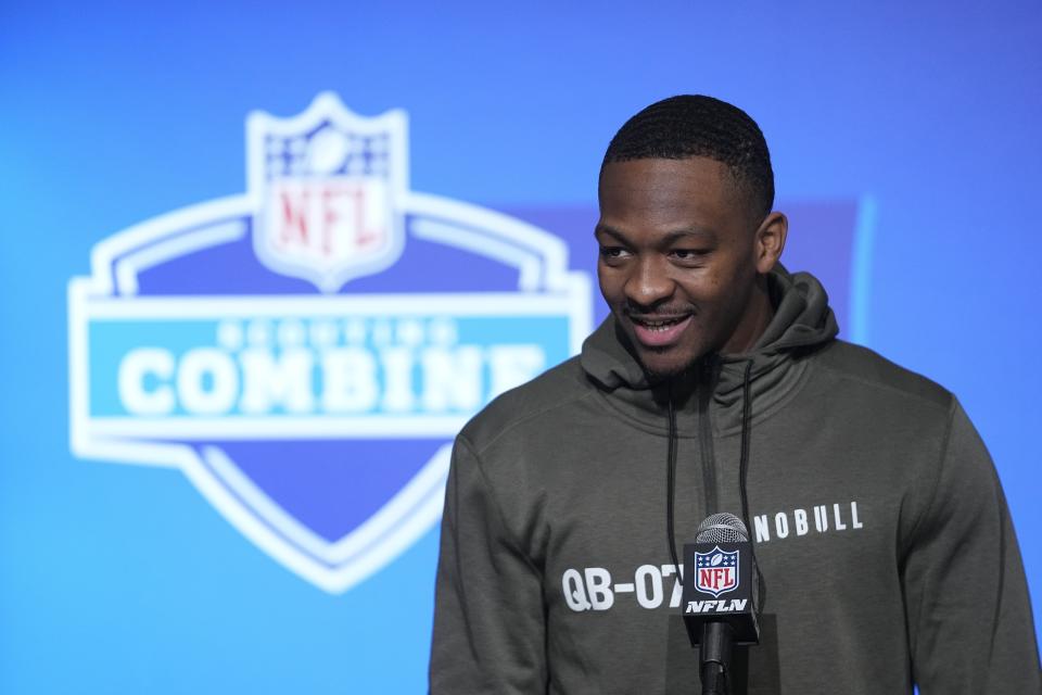 FILE - Tennessee quarterback Hendon Hooker speaks during a news conference at the NFL football scouting combine in Indianapolis, March 3, 2023. Threw only five interceptions in 631 attempts at Tennessee, but did fumble 22 times. (AP Photo/Darron Cummings, File)