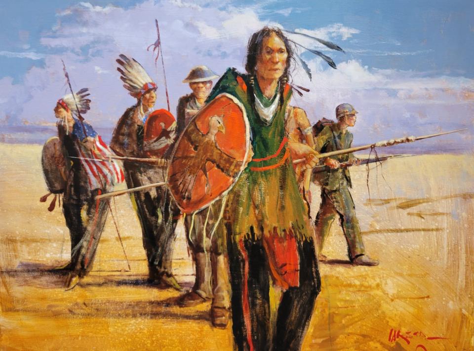Mike Larsen's painting "Warriors" is displayed at JRB Art at the Elms gallery in Oklahoma City's Paseo Arts District Feb. 1, 2024. The exhibit "Cowboys and Indians," featuring works by Oklahoma artists Holden, Larsen and Jack Fowler, is on view through Feb. 29.