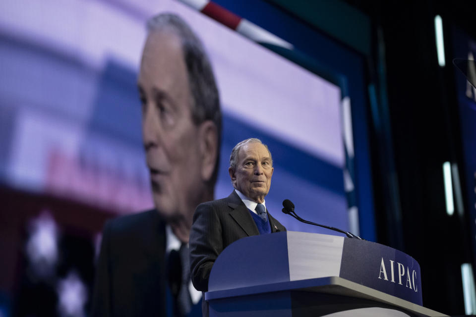 Democratic presidential candidate and former New York City Mayor Mike Bloomberg speaks at the American Israel Public Affairs Committee (AIPAC) 2020 Conference, Monday, March 2, 2020 in Washington. (AP Photo/Alex Brandon)