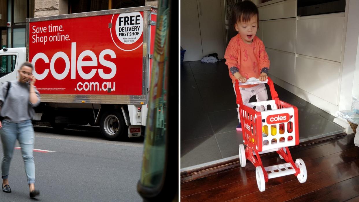 Coles delivery van on the left, a young girl pushing a tory Coles trolley on the right. 