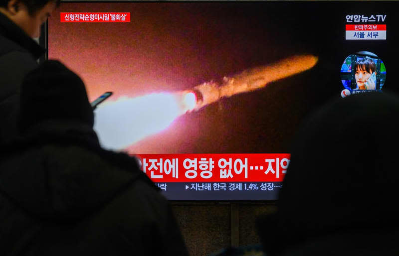 A TV at Seoul's Yongsan Railway Station shows North Korea's first test-firing of the new strategic cruise missile Pulhwasal-3-31. North Korea said it test-fired a new strategic cruise missile, named 'Pulhwasal-3-31,' for the first time the previous day in what was seen as an effort to strengthen capabilities to deliver nuclear weapons. Kim Jae-Hwan/SOPA Images via ZUMA Press Wire/dpa