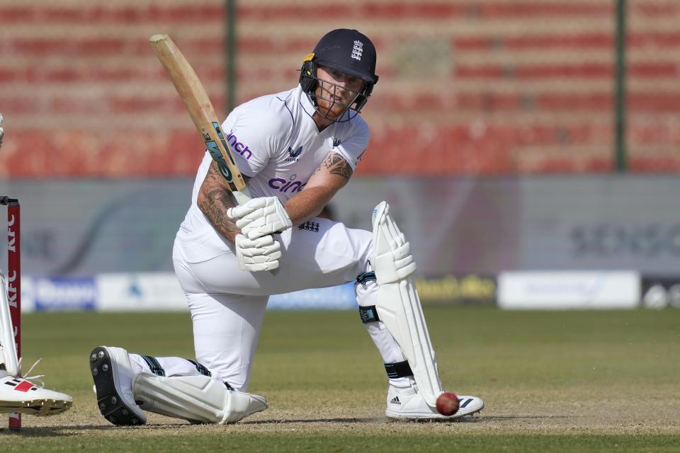 England's Ben Stokes plays a shot during the fourth day of third test cricket match between England and Pakistan, in Karachi, Pakistan, Tuesday, Dec. 20, 2022. (AP Photo/Fareed Khan)