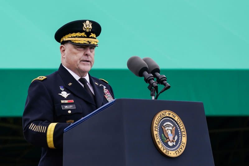 On Friday, Gen. Mark A. Milley speaks during a ceremony in Arlington, Va., where his replacement on the Joint Chiefs of Staff -- Gen. CQ Brown -- was sworn in. Photo by Nathan Howard/UPI
