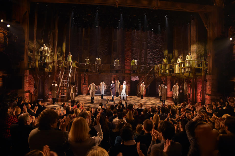 NEW YORK, NY - FEBRUARY 15:  Cast of 'Hamilton' performs on stage during 'Hamilton' GRAMMY performance for The 58th GRAMMY Awards at Richard Rodgers Theater on February 15, 2016 in New York City.  (Photo by Theo Wargo/WireImage)