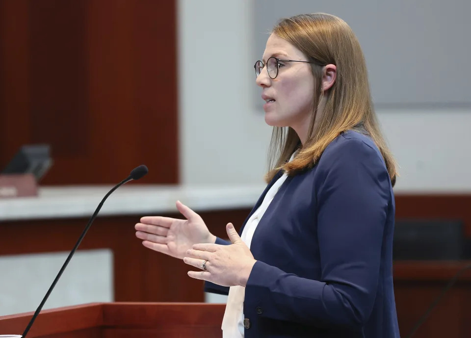 Taylor Meehan, right, an attorney for the Utah Legislature, defends a proposed constitutional amendment before the Utah Supreme Court in Salt Lake City on Wednesday, Sept. 25, 2024. (Jeffrey D. Allred/The Deseret News via AP, Pool)