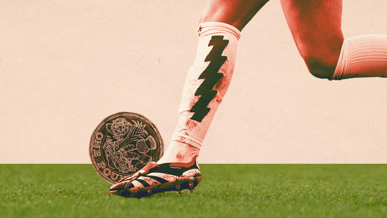  Photo collage of a female footballer's feet kicking a comically large pound coin. 