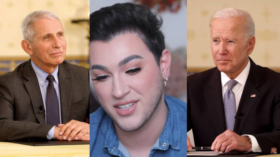 Manuel Gutierrez Jr. of MannyMUA speaks with Dr. Anthony Fauci and President Joe Biden during President Biden's Youtube Town Hall on COVID-19 Vaccination (Manny Mua/Youtube)