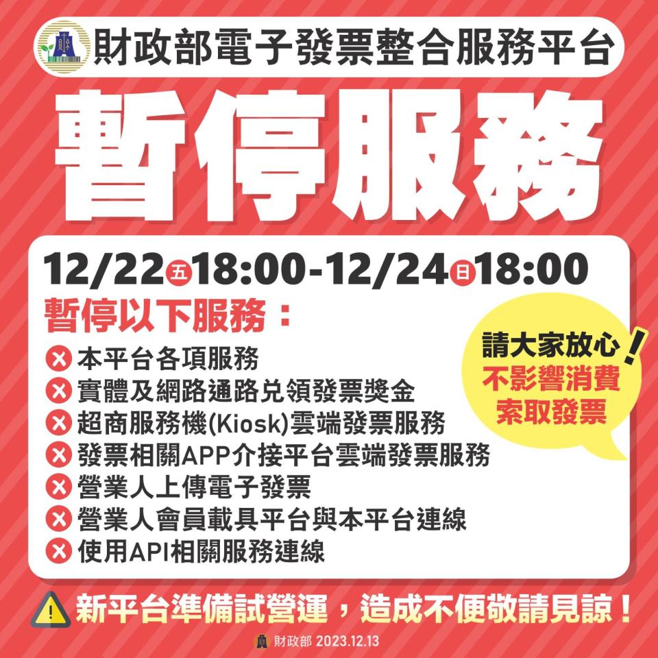 財政部宣布電子發票整合服務平台自12月22日18時起暫停服務2天。 截自財政部臉書