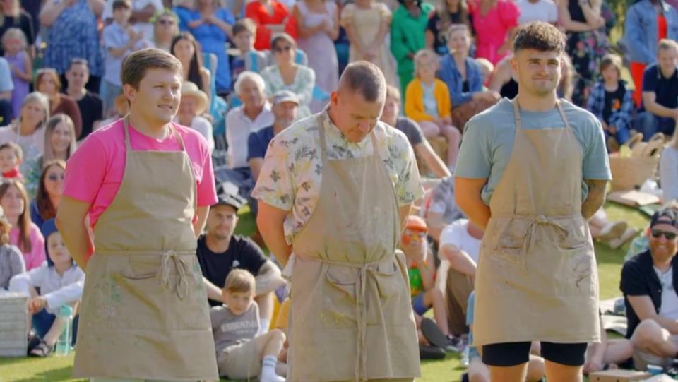 From L-R: Josh, Dan and Matty wait to learn who’s won ‘The Great British Bake Off’ (Channel 4)