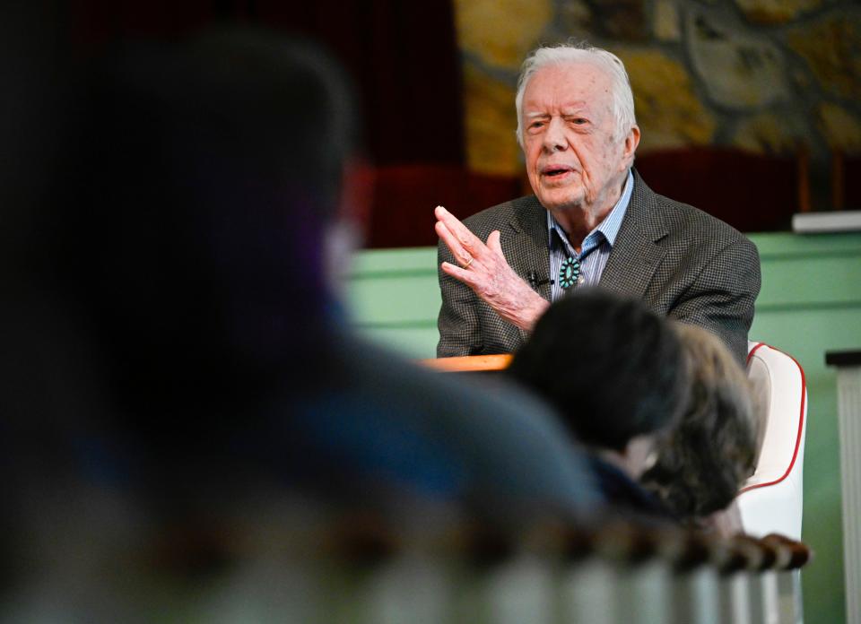 Former President Jimmy Carter teaches Sunday school at Maranatha Baptist Church, in Plains, Ga., Nov. 3, 2019. Well-wishes and fond remembrances for the former president continued to roll in Sunday, Feb. 19, 2023, a day after he entered hospice care at his home in Georgia.