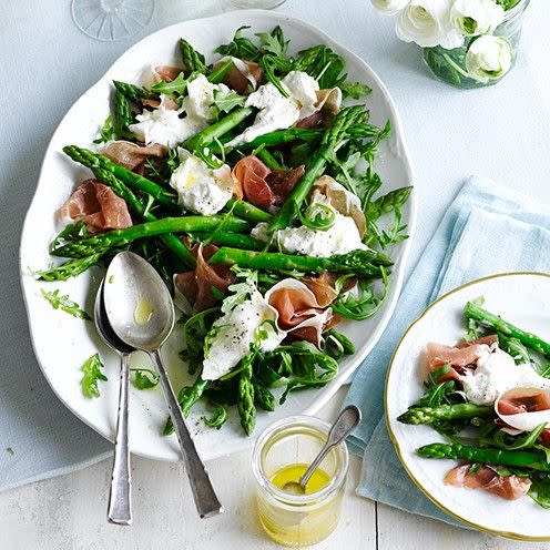 <p>A perfect combination of salty prosciutto, creamy burrata (similar to mozzarella) and sweet asparagus make up this luxurious summer salad recipe.<br><br><strong>Recipe: <a href="https://www.goodhousekeeping.com/uk/food/recipes/asparagus-burrata-and-prosciutto-salad" rel="nofollow noopener" target="_blank" data-ylk="slk:Asparagus, burrata and prosciutto salad;elm:context_link;itc:0;sec:content-canvas" class="link ">Asparagus, burrata and prosciutto salad</a></strong><br><br> </p>