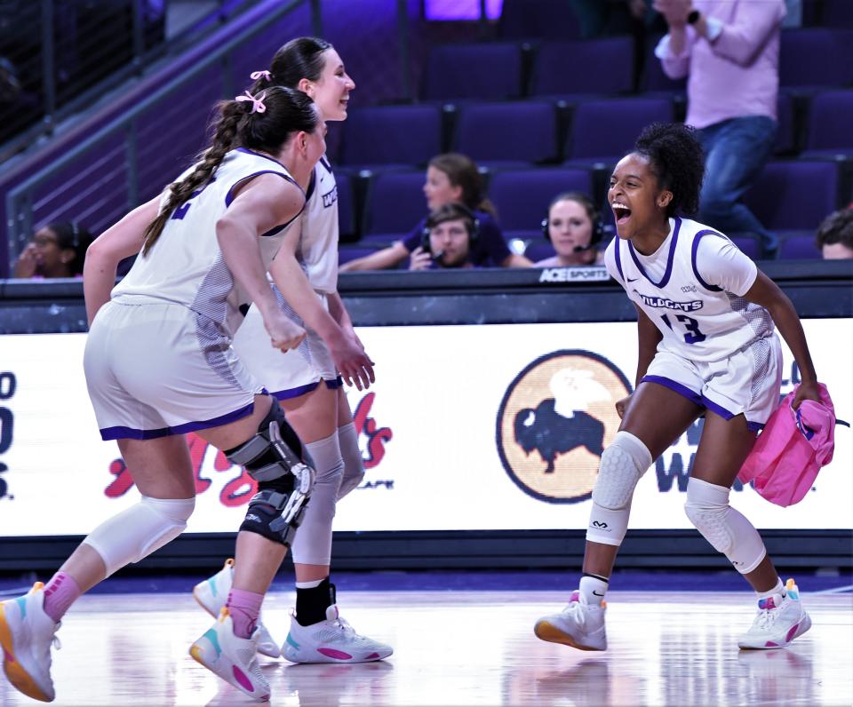 ACU's Zoe Jackson, right, celebrates with Bella Earle and Addison Martin after the Wildcats knocked off Southern Utah 89-83 in overtime Thursday at Moody Coliseum. It was only the T-Birds second conference loss this season.