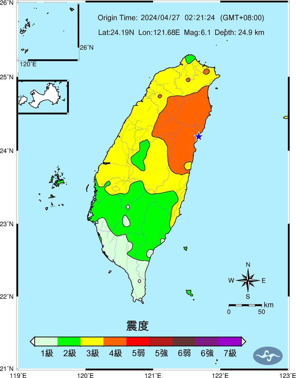 27日凌晨2點21分再次發生芮氏規模6.1地震，最大震度4級，從震度圖可看出4級涵蓋範圍。（圖片來源：報地震 - 中央氣象署粉絲團）