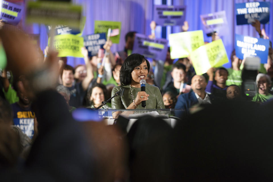 Angela Alsobrooks, a Democrat running for U.S. Senate, speaks after the race was called in her favor at a Maryland primary election night party, Tuesday, May 14, 2024, in Greenbelt, Md. (Eric Thompson/The Baltimore Banner via AP)
