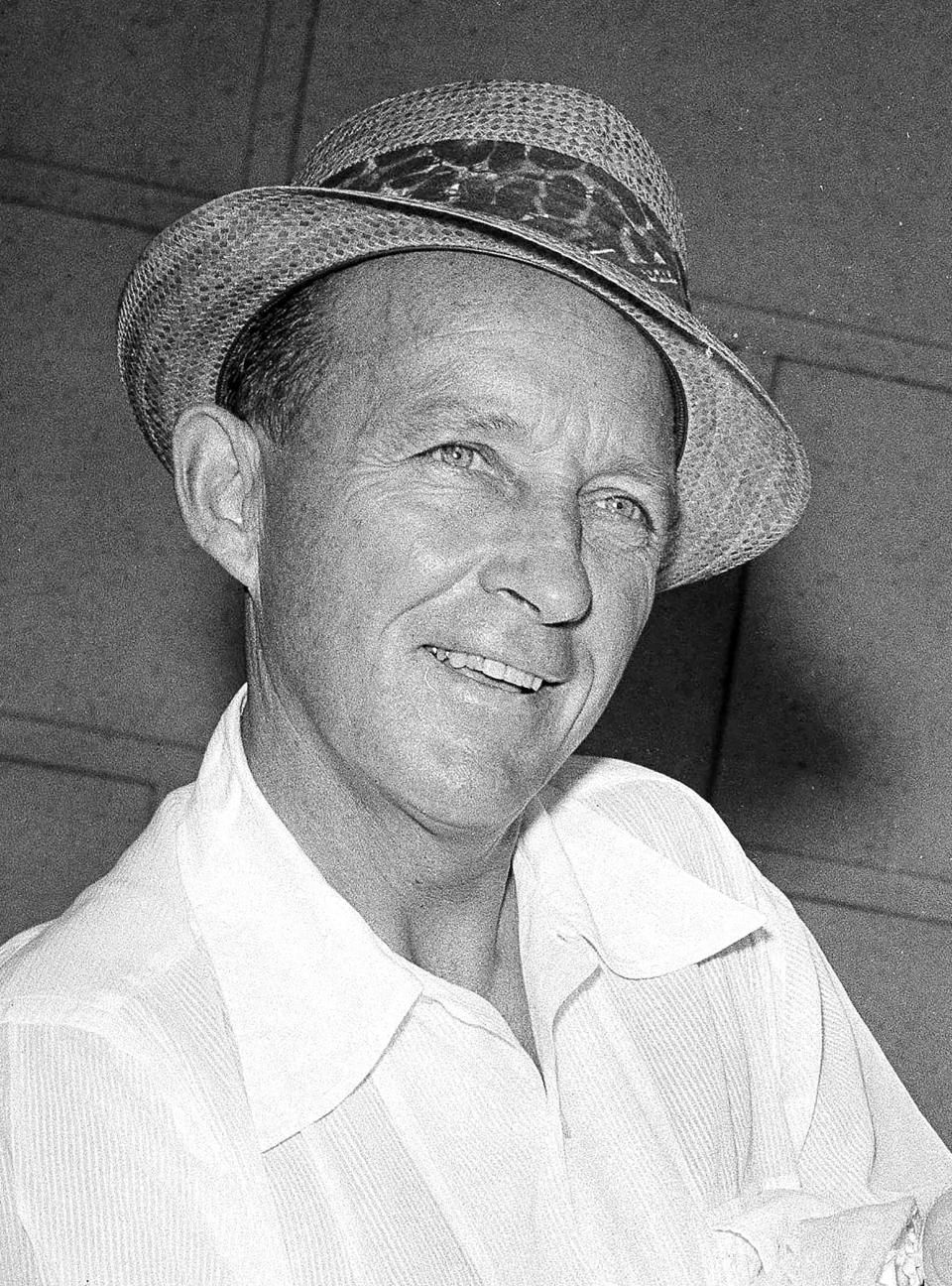 FILE - Actor-singer Bing Crosby appears in Los Angeles on Sept. 20, 1959. Crosby, who died in 1977, won an Academy Award for best actor for playing a priest in the 1945 film “Going My Way,” and made seven “road” movies with his friend, comic Bob Hope. Some of his hit songs include “Pennies From Heaven,” “It's Been a Long, Long Time,” “Don't Fence Me In” and “Accentuate the Positive.” (AP Photo/Don Brinn, File)