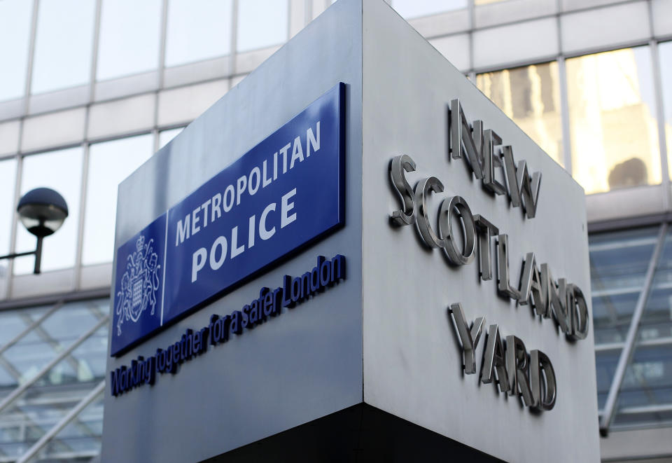 A general view of New Scotland Yard, the headquarters of the London Metropolitan Police Britain's for-most and largest police serviceFriday, Feb., 3, 2012. Hackers have intercepted a conference call between the Federal Bureau of Investigation and Scotland Yard it has emerged . At the heart of the conference call between the FBI and Scotland Yard was a strategy aimed at bringing down the hacking collective known as Anonymous, which has launched a series of embarrassing attacks across the Internet.(AP Photo/Alastair Grant)