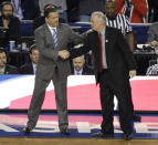 Kentucky head coach John Calipari, left, greets Wisconsin head coach Bo Ryan before an NCAA Final Four tournament college basketball semifinal game Saturday, April 5, 2014, in Arlington, Texas.(AP Photo/Tony Gutierrez)