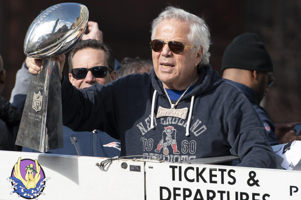 Robert Kraft holds the Vince Lombardi Trophy during the Patriots' celebration parade in Boston on Feb. 5, 2019. (Getty Images)