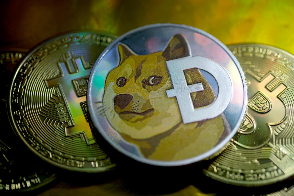 KATWIJK, NETHERLANDS - JANUARY 29: In this photo illustration, visual representations of digital cryptocurrencies, Dogecoin and Bitcoin are arranged on January 29, 2021 in Katwijk, Netherlands.  (Photo by Yuriko Nakao/Getty Images)