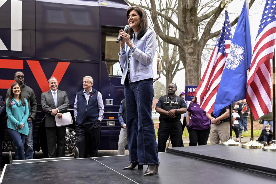 Republican presidential candidate former UN Ambassador Nikki Haley speaks at a campaign event in Newberry, S.C., Saturday, Feb. 10, 2024. (AP Photo/Matt Kelley)