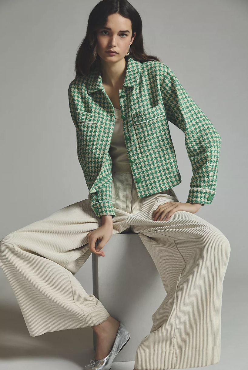 brunette model wearing beige wide leg pants and green checkered jacket, Dolan Houndstooth Jacket in green motif (photo via Anthropologie)