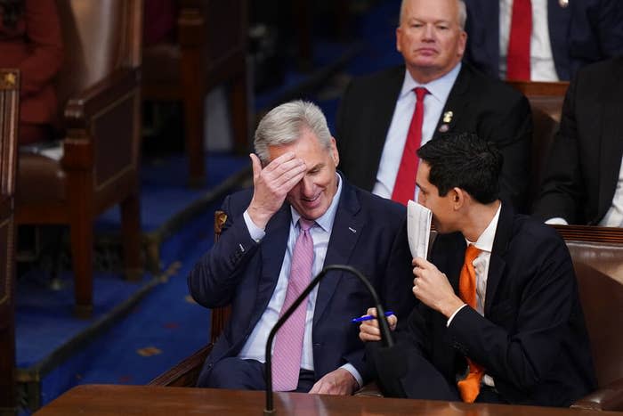 Rep. Kevin McCarthy listens during the 12th round of voting in the House chamber to elect a speaker in Washington on Jan. 6, 2023.