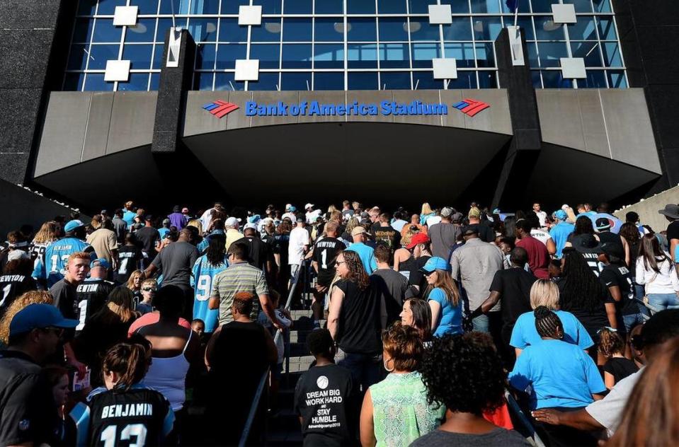 Panther fans enter Bank of America Stadium. A new law in North Carolina allows sports wagering at retail sports books located within 1 1/2 miles of any professional pro sports facility, like the stadium.