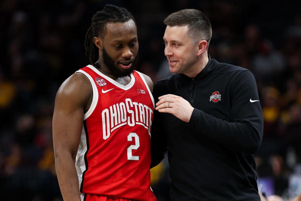 Mar 14, 2024; Minneapolis, MN, USA; Ohio State Buckeyes interim head coach Jake Diebler talks to guard Bruce Thornton (2) during the second half against the Iowa Hawkeyes at Target Center. Mandatory Credit: Matt Krohn-USA TODAY Sports