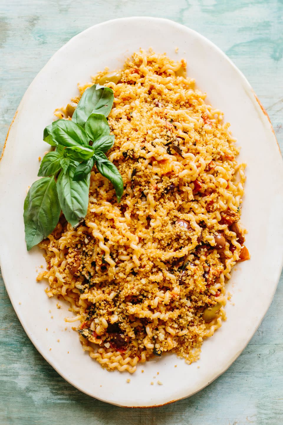 Pasta With Olives, Anchovies, Tomatoes, and Breadcrumbs