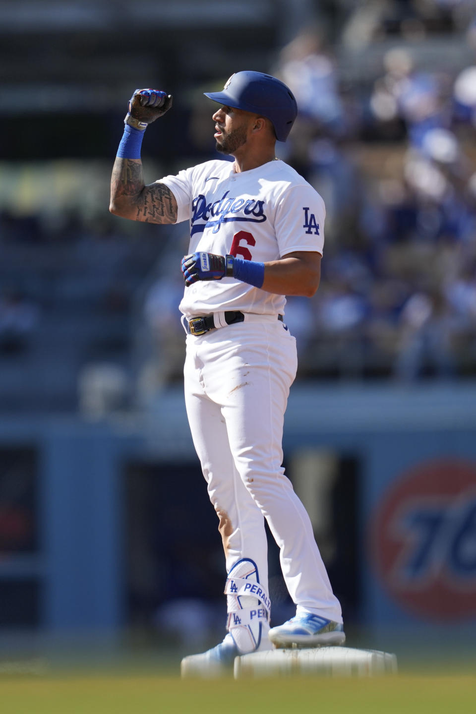 Los Angeles Dodgers' David Peralta (6) celebrates after doubling during the second inning of a baseball game against the New York Yankees in Los Angeles, Sunday, June 4, 2023. (AP Photo/Ashley Landis)