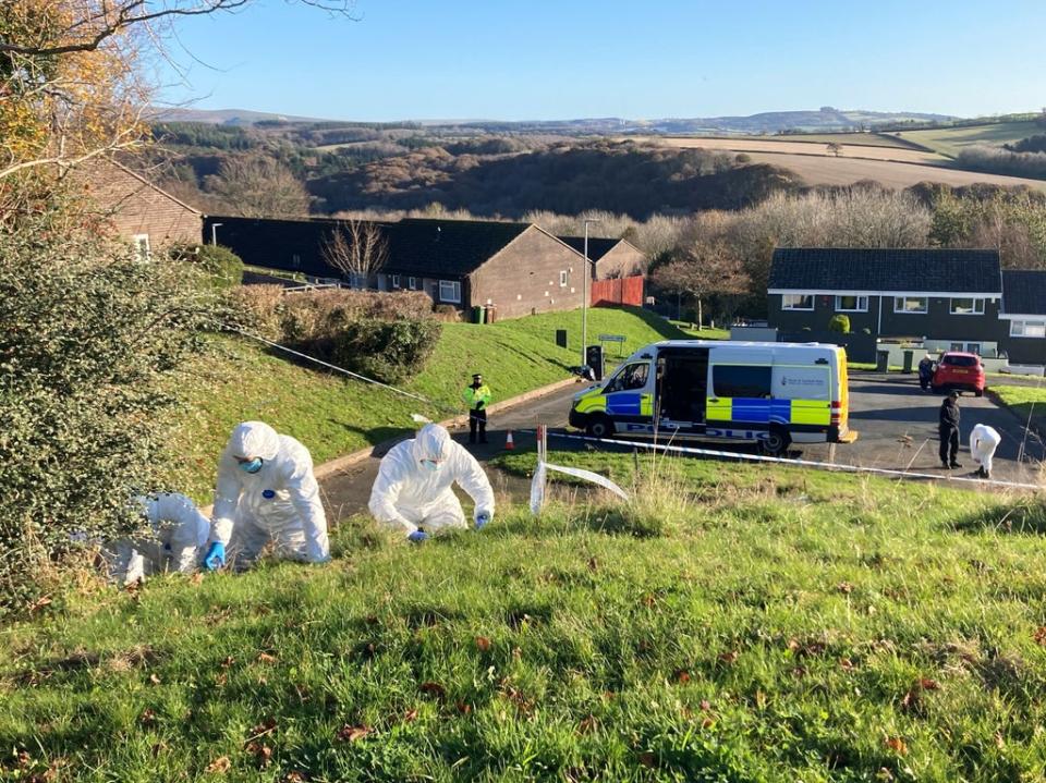 Police officers in white forensic suits comb for clues near a bus stop where 18-year-old Bobbi-Anne McLeod disappeared in Leigham, Plymouth (The Independent)