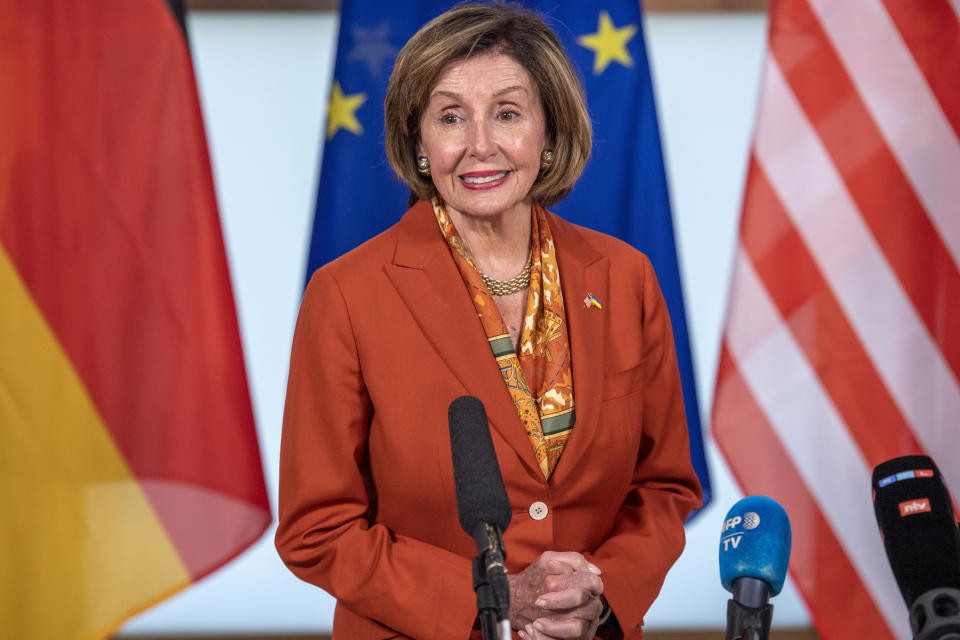 Speaker of the U.S. House of Representatives Nancy Pelosi speaks during a press conference before talks with Germany's Foreign Minister Annalena Baerbock at the Federal Foreign Office in Berlin, Germany, Friday Sept. 16, 2022. (Christophe Gateau/dpa via AP)