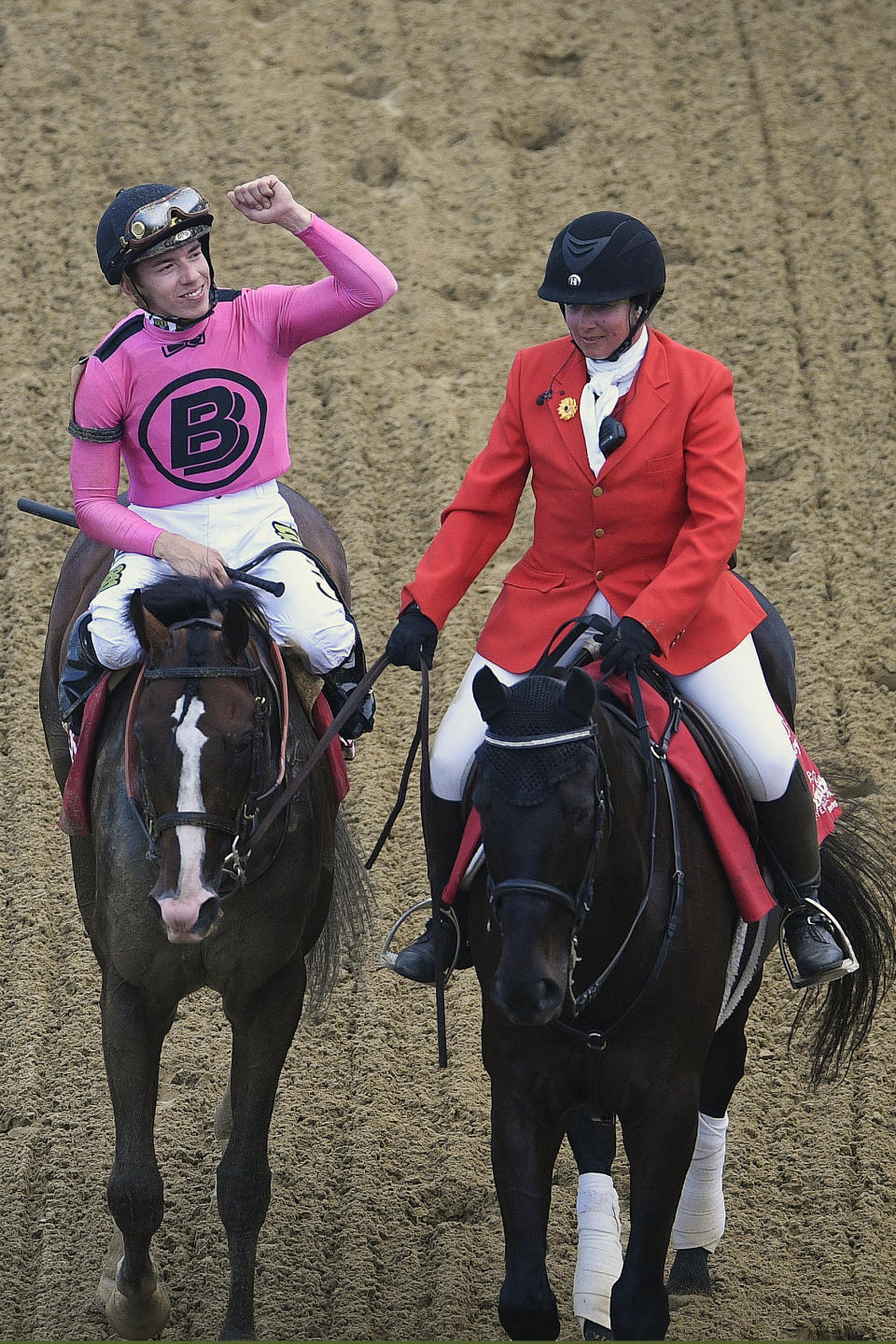 Jockey Tyler Gaffalione reacts aboard War of Will after winning the Preakness Stakes horse race at Pimlico Race Course, Saturday, May 18, 2019, in Baltimore. (AP Photo/Nick Wass)