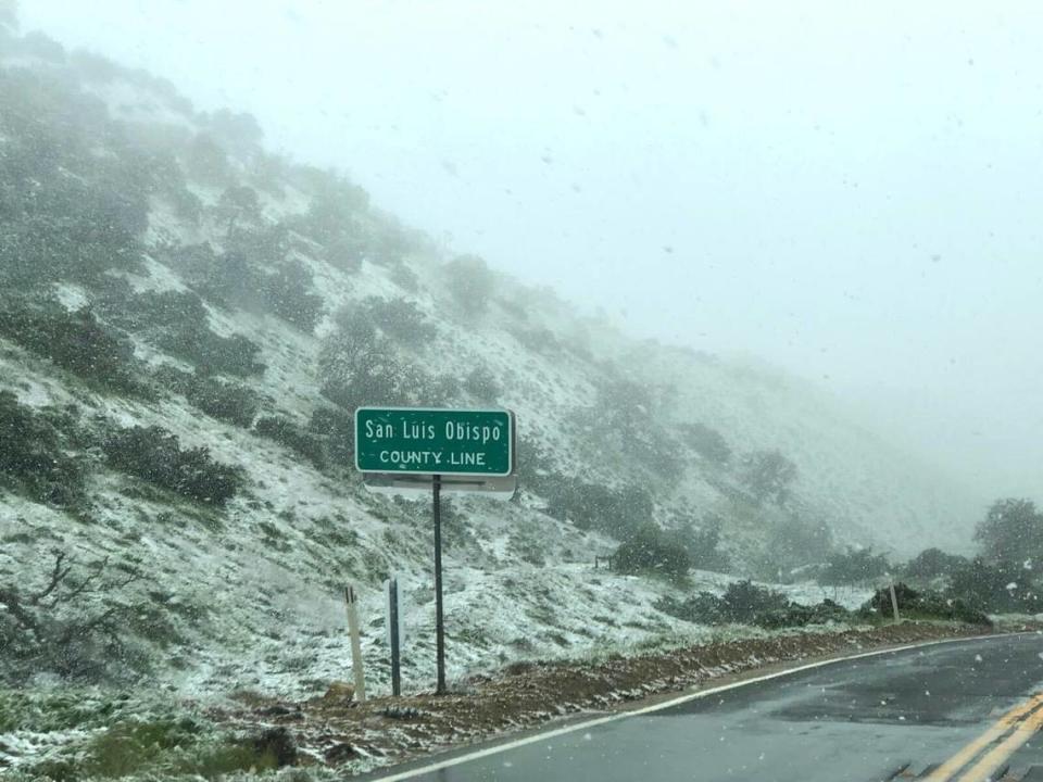 Highway 58 near the San Luis Obispo and Kern counties line saw a light dusting of snow on Saturday, April 13, 2024.