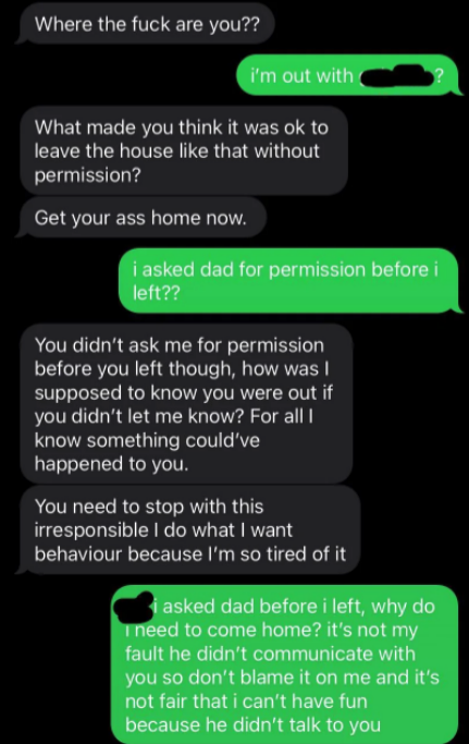 Stepmom sends profanity-laced admonishing their child for not asking permission to leave the house, the child says they asked their dad, and the stepmom says 