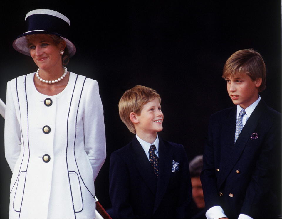 LONDON, UNITED KINGDOM - AUGUST 19:  Princess Diana With Prince Harry & Prince William At A Parade To Commemorate The 50th Anniversary Of Vj Day Designer Of Diana's Suit - Tomasz Starzewski (please Check - People Magazine, 04/12/1999)  (Photo by Tim Graham Photo Library via Getty Images)