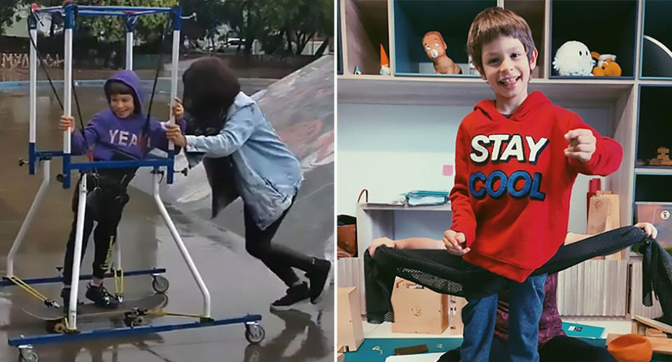 Brazilian boy Joao Vicente (right), 7, with cerebral palsy has fulfilled his skateboarding dream (left).