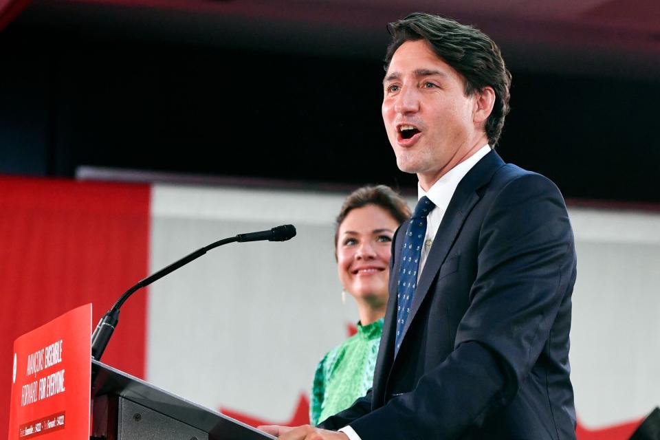 Canadian Prime Minister and Liberal Party leader Justin Trudeau (R), next to his wife Sophie Gregoire (L), addresses supporters as he celebrates his election victory in Montreal, Quebec, Canada, 20 September 2021. Liberal Party leader Justin Trudeau retained his position as Canadian prime minister in the federal election but will be forced to form a minority government. 2021 Canadian federal election, Montreal, Canada - 21 Sep 2021