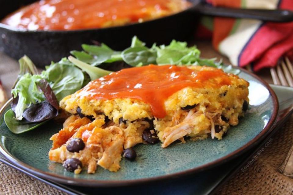 <p>Southern Bite</p><p>A one-pan supper means less clean up after a tasty, filling meal. </p><p><strong>Cost: $17.38</strong></p><p><strong>Get the recipe: <a href="https://southernbite.com/chicken-enchilada-cornbread-casserole/" rel="nofollow noopener" target="_blank" data-ylk="slk:Chicken Enchilada Cornbread Casserole;elm:context_link;itc:0;sec:content-canvas" class="link ">Chicken Enchilada Cornbread Casserole</a></strong></p>