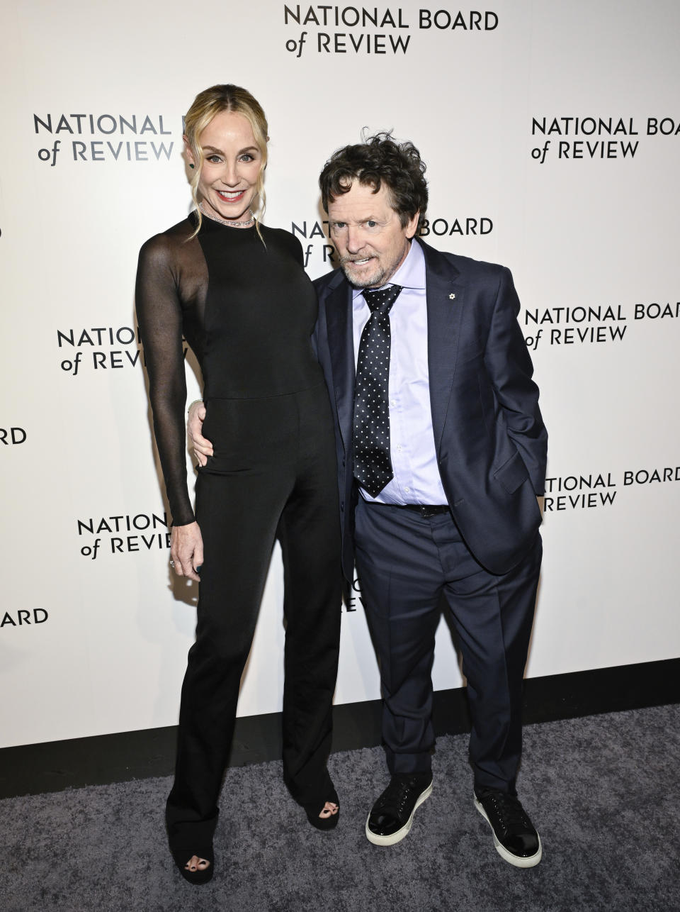 Tracy Pollan, left, and Michael J. Fox attend the National Board of Review awards gala at Cipriani 42nd Street on Thursday, Jan. 11, 2024, in New York. (Photo by Evan Agostini/Invision/AP)