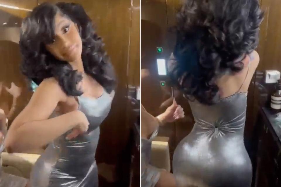 <p>Cardib/X</p> Cardi B fixes wardrobe mishap on a plane 