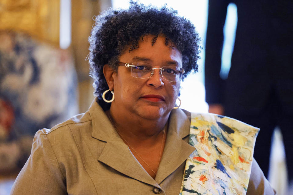 Prime Minister of Barbados Mia Mottley attends a meeting at the U.S embassy, on the sidelines of the New Global Financial Pact Summit, in Paris, Friday, June 23, 2023. The aim of the two-day climate and finance summit was to set up concrete measures to help poor and developing countries whose predicaments have been worsened by the devastating effects of the COVID-19 pandemic and the war in Ukraine better tackle poverty and climate change. (Ludovic Marin, Pool via AP)