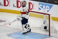Florida Panthers goaltender Alex Lyon (34) looks down ice after giving up a goal to the Vegas Golden Knights during the third period of Game 2 of the NHL hockey Stanley Cup Finals, Monday, June 5, 2023, in Las Vegas. (AP Photo/Abbie Parr)