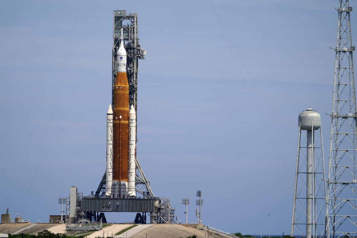 The NASA moon rocket stands on Pad 39B after yesterdays scrub for the Artemis 1 mission to orbit the Moon at the Kennedy Space Center, Tuesday, Aug. 30, 2022, in Cape Canaveral, Fla. The next launch opportunity is scheduled for Friday. (AP Photo/John Raoux)
