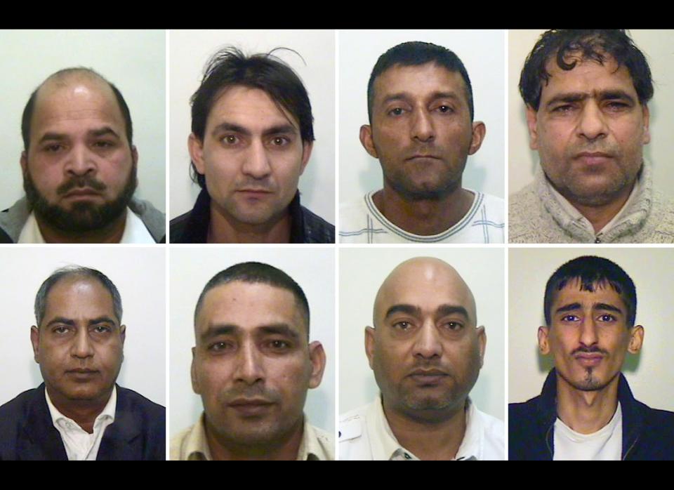 Undated handout composite image issued Tuesday May 8, 2012, by Greater Manchester Police showing eight of the nine men who have been convicted for luring girls as young as 13-years old into sexual encounters using alcohol and drugs, top row left to right, Abdul Rauf, Hamid Safi, Mohammed Sajid and Abdul Aziz, and with Bottom row left to right, Abdul Qayyum, Adil Khan, Mohammed Amin and Kabeer Hassan. The nine men aged between 22 and 59 are convicted of charges including rape, assault, sex trafficking and conspiracy and will be sentenced Wednesday May 9, 2012 at court in Liverpool, England. The ninth man in the group, a 59-year-old man cannot be named for legal reasons. (AP Photo / Greater Manchester Police)