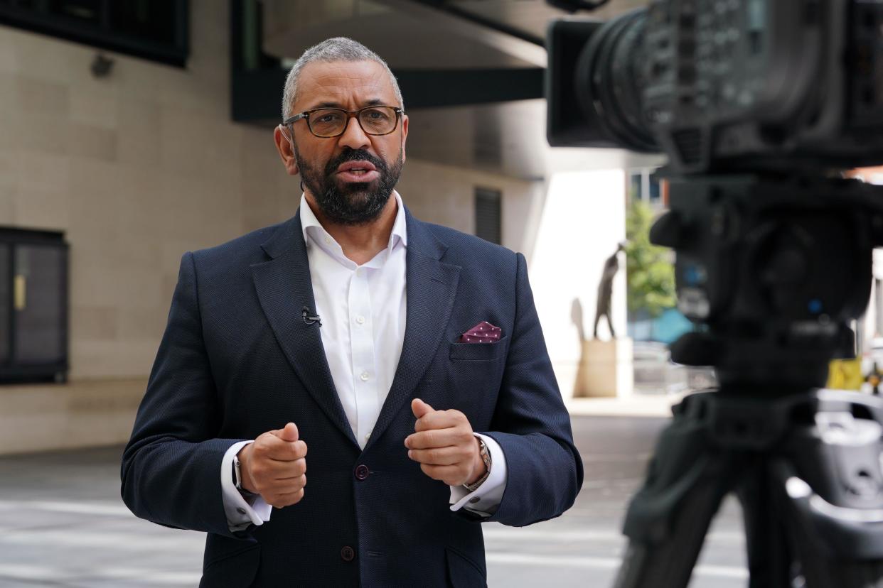 Home Secretary James Cleverly speaking to the media outside BBC Broadcasting House in London, after appearing on the BBC One current affairs programme, Sunday with Laura Kuenssberg. Picture date: Sunday June 23, 2024.