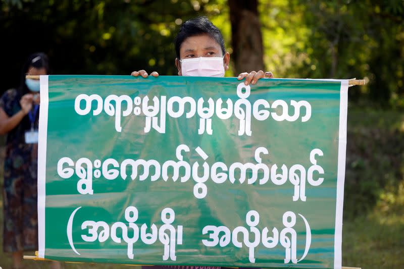 People protest election results in front of Union Election Commission in Naypyitaw