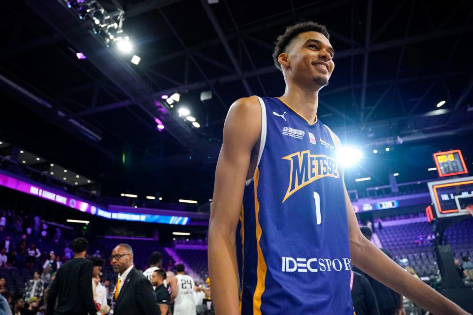 Boulogne-Levallois Metropolitans 92 center Victor Wembanyama smiles after the game against the NBA G League Ignite, Oct. 4, 2022 in Henderson, Las Vegas.