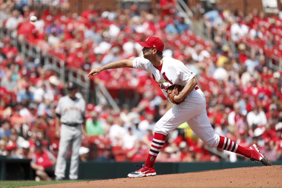 St. Louis Cardinals starting pitcher Adam Wainwright throws during the first inning of a baseball game against the San Francisco Giants Monday, Sept. 2, 2019, in St. Louis. (AP Photo/Jeff Roberson)