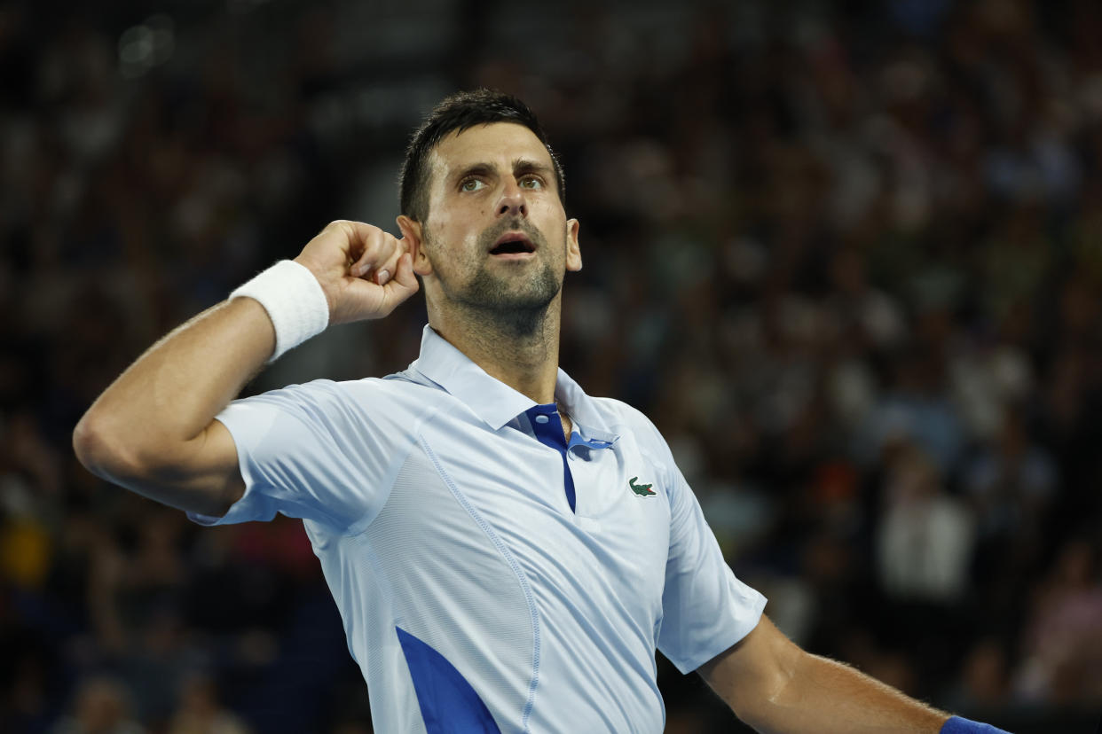 Novak Djokovic of Serbia is in action during his round four singles match against Adrian Mannarino of France on day eight of the 2024 Australian Open at Melbourne Park in Melbourne, Australia, on January 21, 2024. (Photo by Ciro De Luca/NurPhoto via Getty Images)